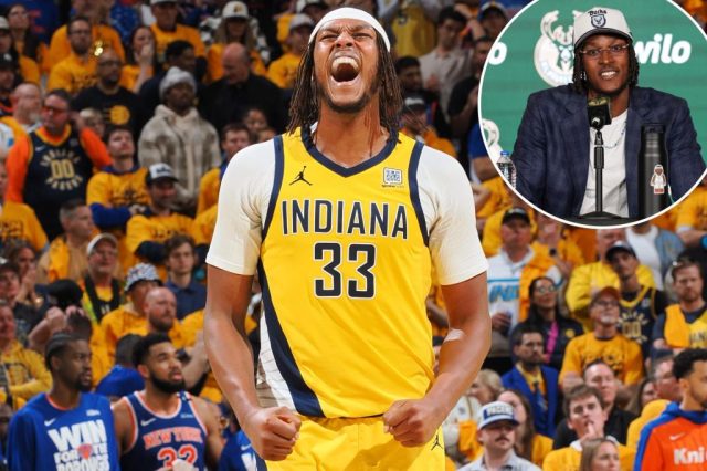Myles Turner na conferência de imprensa de Milwaukee Bucks.