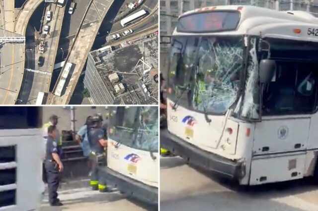 NJ Transit Bus com outro ônibus do lado de fora do corpo do porto, ferindo mais de duas dúzias de pessoas

