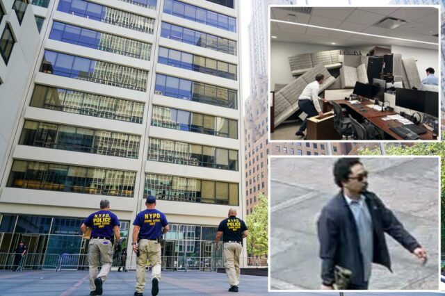 NYC Suskraper, que se transformou em uma torre de terror, foi fortalecido com a ajuda de salas de pânico, policiais fora de casa, quando os trabalhadores do escritório em Manhattan saíram na borda

