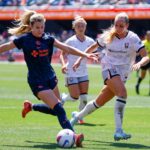 Angel City FC celebra um gol contra o Bay FC no sábado, 19 de julho de 2025, no primeiro tempo no PayPal Park em San Jose, Califórnia. (Shae Hammond/Bay Area News Group)