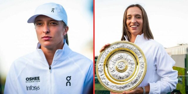 IGA Swiatek posa com o jantar de água de rosas Venus depois de ganhar o título de single feminino no Campeonato de Wimbledon de 2025 (fonte: Getty)