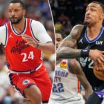 Jogador Los Angeles Clippers driblando basquete.