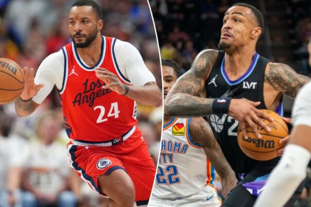 Jogador Los Angeles Clippers driblando basquete.
