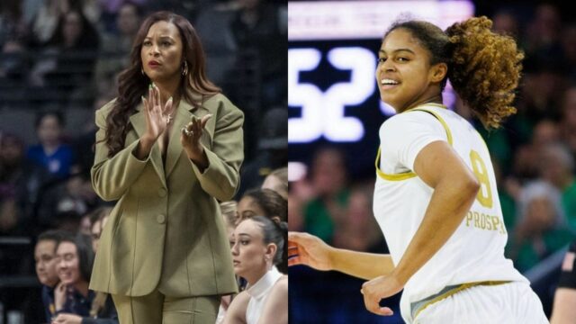 Niele Ivey reagiu a um vídeo da mais recente sessão de aplicativos de Cassandre Prosper na história de Notre Dame e Instagram. Fonte: Instagram/@IrishCoachivey