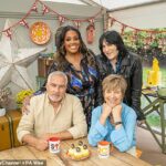 O Celebrity Bake Off está aquecido - e um novo juiz está indo para a tenda (foto Paul Hollywood, Alison Hammond, Noel Fielding e Caroline Waldegrave em janeiro)