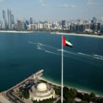 UAE flag flying in front of ocean/skyline chips