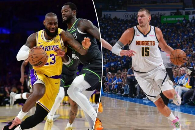 O Los Angeles Lakers LeBron James (23) o atacante se move para a cesta contra o Minnesota Timberwolves, para Julius Randle (30) durante a primeira metade da quinta rodada nos playoffs da NBA em 2025 na Crypto.com Arena. 