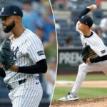 O arremessador New York Yankees comemora após a partida.