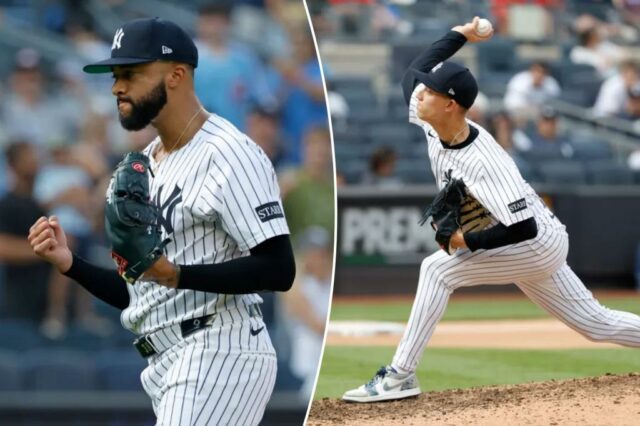 O arremessador New York Yankees comemora após a partida.