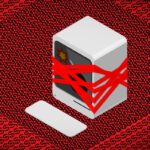 illustration of desktop computer wrapped in red tape