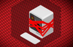 O governo dos EUA confirma a prisão do acusador nacional chinês de roubar testes de covid e servidores de e-mails em massa illustration of desktop computer wrapped in red tape