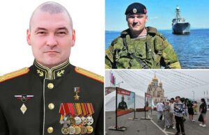 O líder da Marinha Russa Michail Gudkov confirmou o míssil ucraniano morto na greve Divisão Geral Michail Gudkov de uniforme, com um navio de guerra em segundo plano.