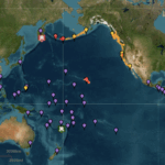 O mapa de aviso do tsunami mostra áreas em ameaças