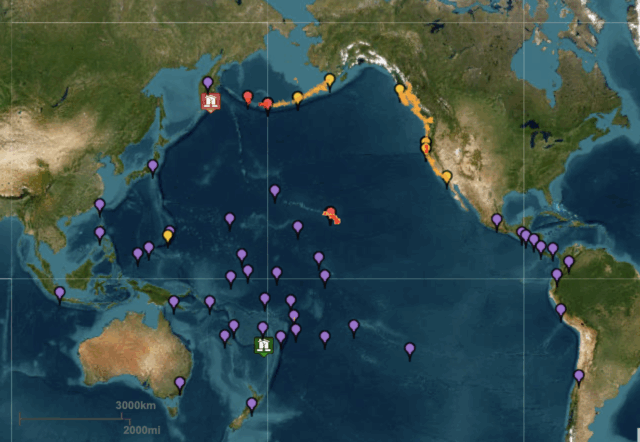 O mapa de aviso do tsunami mostra áreas em ameaças


