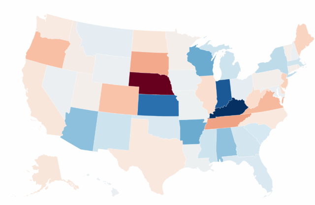 O mapa mostra os estados em que as reivindicações de desemprego estão em crescimento e queda

