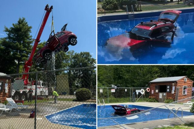 O motorista nibe por engano através da cerca, para o acampamento em Massachusetts cheio de turistas

