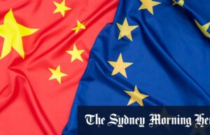 O ralador político chinês tropeçando como está chocando na Europa Presidente da Comissão Europeia, Ursula von der Leyen.