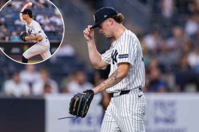 Arremessador New York Yankees Cam Schlittler no monte.