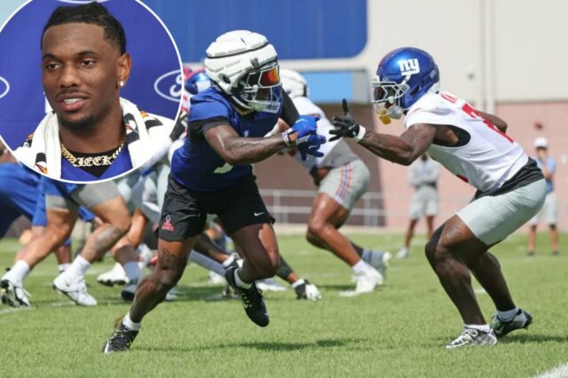 O grande recebedor de Giants Malik Nabers (1) está indo contra a esquina de Deonte Banks (2) durante o treinamento do acampamento em 23 de julho de 2025.