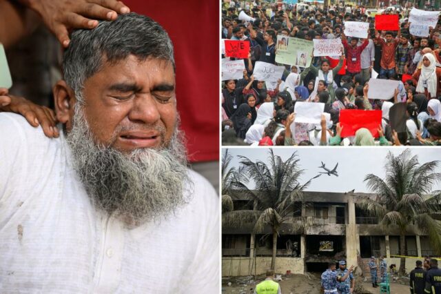 Os estudantes de Bangladesh protestam após a escola de hits de jato da Força Aérea, matando 31

