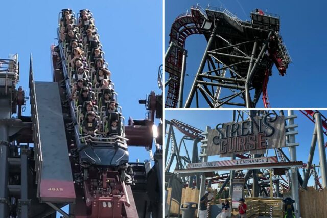 Pessoas olhando para a fila de Cedar Point Mountain.