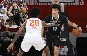 Os primeiros problemas do Nets Devents aparecem novamente na derrota do verão da liga de Knicks Nolan Traore quer se mudar durante a perda do Summer League 97-93 Nets de Knicks em 15 de julho de 2025.