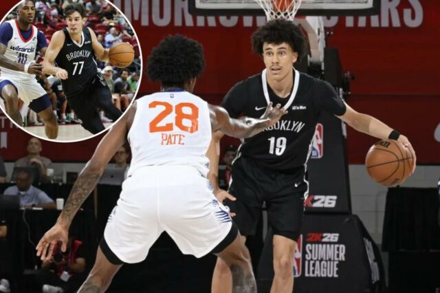 Nolan Traore quer se mudar durante a perda do Summer League 97-93 Nets de Knicks em 15 de julho de 2025.
