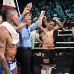 Mario Barrios, Sol e Manny Pacquiao reagem ao sábado, 19 de julho de 2025, depois de combater um empate majoritário em uma luta de boxe principal em Las Vegas.