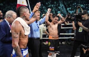 Pacquiao, Barrios WBC Belt Maiority Core Mario Barrios, Sol e Manny Pacquiao reagem ao sábado, 19 de julho de 2025, depois de combater um empate majoritário em uma luta de boxe principal em Las Vegas.