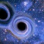 Dois buracos negros no centro de milhares de estrelas, que ilustram duas fusões de buracos negros.