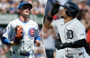 Pete Crow-Hartrong, Javier Baez, para iniciar o jogo MLB All-Star-Star Summer depois de terríveis Mets Trading Pete Crow-Hartrong (4) O Chicago Cubs Center retorna ao abrigo durante o primeiro jogo de beisebol com Seattle Mariners para Wrigley Field.