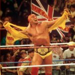 Hulk Hogan Bild em um evento da WWF na Dockland Arena em Londres 1991