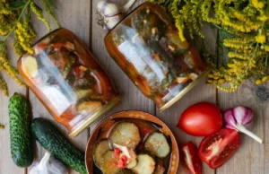 Salada de pepino com molho de tomate. Perfeito para frascos de inverno Salada de pepino com molho de tomate. Perfeito para frascos de inverno