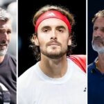 Stefanos Tssitsipas (à esquerda) treinadores do pai Apostólico Tsitsipas em 2024 Australia Open (Surce: Getty)
