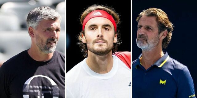 Stefanos Tssitsipas (à esquerda) treinadores do pai Apostólico Tsitsipas em 2024 Australia Open (Surce: Getty)