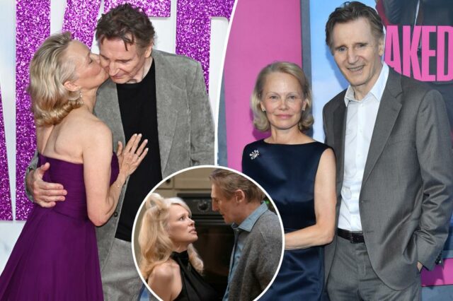 Pamela Anderson beija Liam Neeson na bochecha