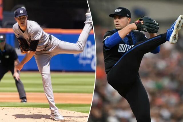 O arremessador Detroit Tigers Tarik Skubal joga o campo.