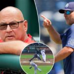 Terry Francon, gerente da Cincinnati Reds, com base no corrimão dos proprietários de terras.