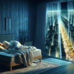 Imagem realista de uma pessoa na cama perturbada pela luz noturna artificial vindo da rua