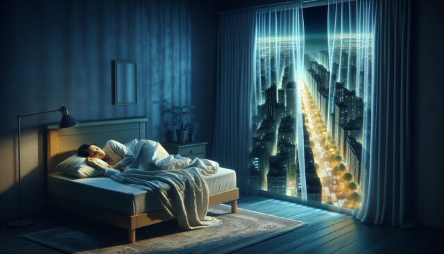 Imagem realista de uma pessoa na cama perturbada pela luz noturna artificial vindo da rua