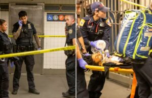 Um homem que governava uma faca morto depois que a estação de metrô de Nova York está cortando a vítima pegou a lâmina, esfaqueou -o Os primeiros entrevistados carregando uma vítima esfaqueados em uma maca na estação de metrô.