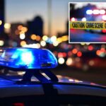 Fita cuidadosa em uma cena de crime à noite.