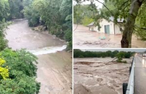 Vídeo selvagem mostra a casa inteira com um gato dentro da enchente no Texas, colidindo com a ponte Águas de inundação ao redor da casa no centro do Point, no Texas.