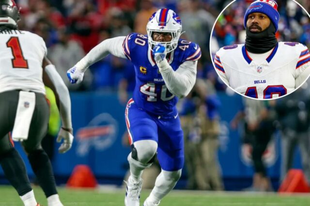 Von Miller (40) o linebacker Buffalo Bills reage depois que ele foi derrotado por 23 a 16 por New England Patriots na partida de futebol da NFL, domingo, 5 de janeiro de 2025, em Foxborough, Massachusetts.
