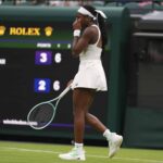 Coco Gauffes dos Estados Unidos reage até terça -feira, 1 de julho de 2025, durante a única partida da primeira rodada de mulheres contra Yastmska da Ucrânia no Wimbledon Tennis Championships em Londres.