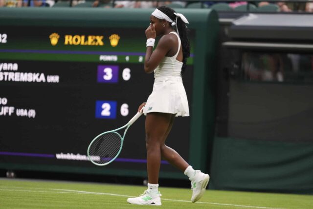 Coco Gauffes dos Estados Unidos reage até terça -feira, 1 de julho de 2025, durante a única partida da primeira rodada de mulheres contra Yastmska da Ucrânia no Wimbledon Tennis Championships em Londres.