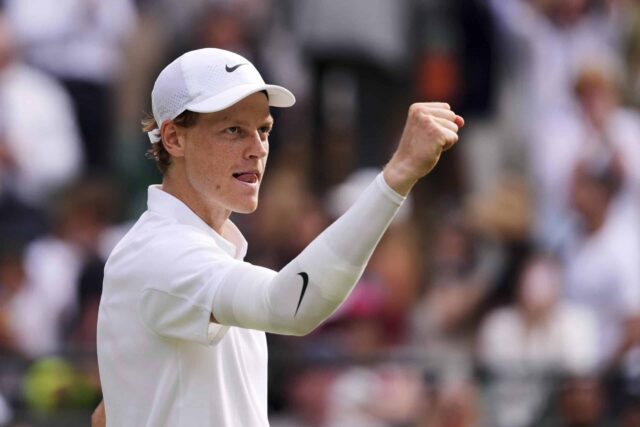 Jannik Sinner, da Itália, comemora uma partida de quarta -feira contra Ben Shelton dos Estados Unidos no Wimbledon Tennis Championships, em Londres, na quarta -feira, 9 de julho de 2025.