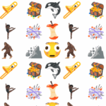 Emojis coloridos, incluindo um baú do tesouro, orca, trombone, explosão, núcleo de maçã, dançarino, rosto chocado, montanha e pés grandes, dispostos em uma grade em um fundo branco.