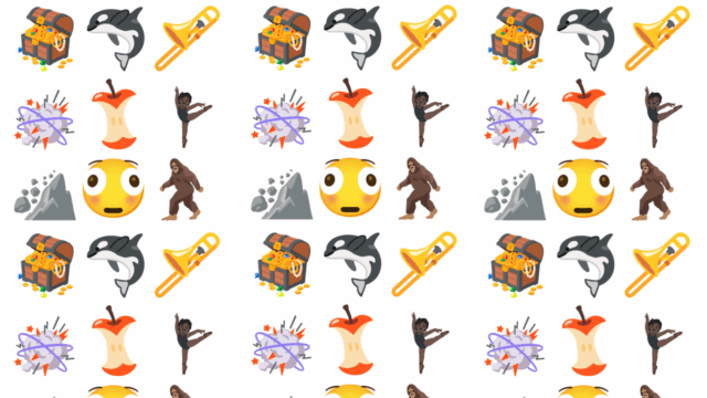 Emojis coloridos, incluindo um baú do tesouro, orca, trombone, explosão, núcleo de maçã, dançarino, rosto chocado, montanha e pés grandes, dispostos em uma grade em um fundo branco.