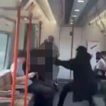 Imagens chocantes emergiram de um estudante indefeso sendo ameaçado, atingido e jogado em torno de um transporte de trem por um adulto - enquanto os passageiros pareciam muito aterrorizados para intervir